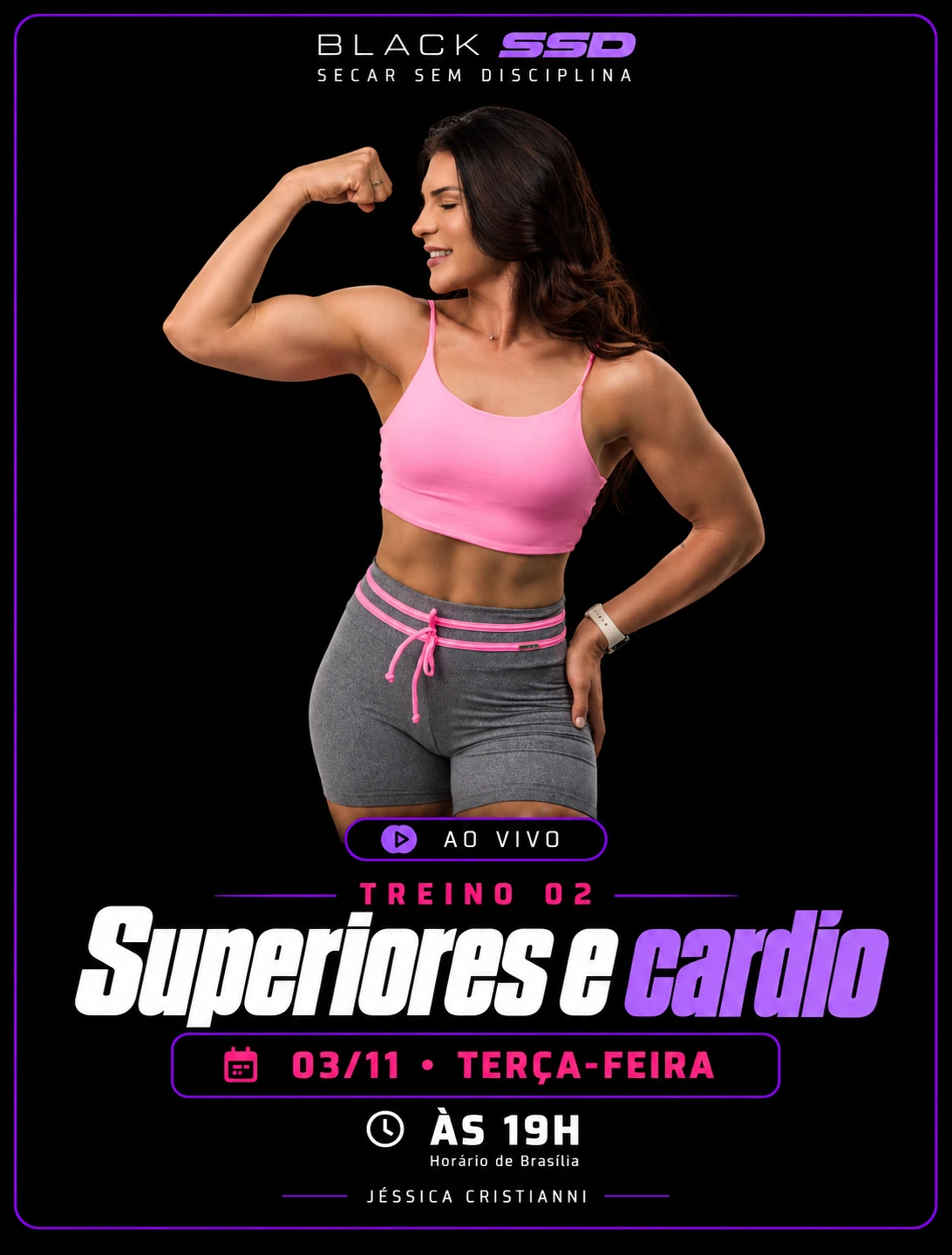 Jéssica Cristianni flexionando o braço no card de Superiores e cardio